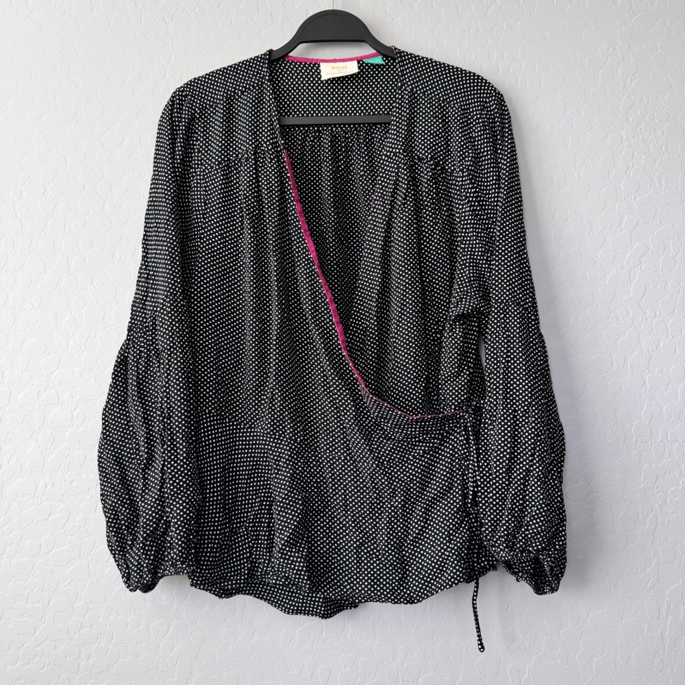 Maeve Anthropologie Wrap Blouse Plus Size 24W Black White Polka Dot Long Sleeve